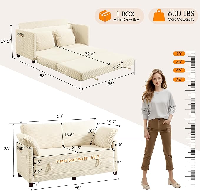 65" Loveseat Sleeper Sofa Bed, Corduroy Convertible Sofa Bed for Small Spaces, Folding Couch Bed with Deep Seat, 2 Pillows & Solid Frame, Pull Out Floor Couches for Living Room, Beige