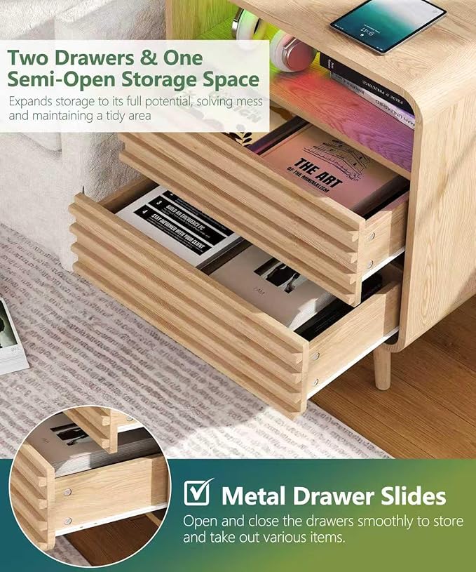 22.4"W Fluted Night Stand with 2 Drawers and Opening Shelf, RGB Nightstand with Charging Station, Wooden Bedside Table with Solid Wood Legs, End Table for Bedroom, Curved Profile Design, Natural Oak
