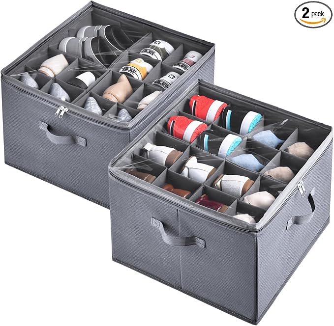 2 Pack Shoe Organizer for Closet,Fits up to 32 Pairs,Adjustable Dividers for Shoe Storage,Fabric Shoe Storage Bins with Clear Cover,Grey