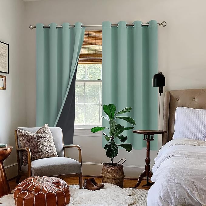 BGment Thermal Insulated 100% Blackout Curtains for Bedroom with Black Liner, Double Layer Full Room Darkening Noise Reducing Grommet Curtain (52 x 72 Inch, Frosty Green, 2 Panels)