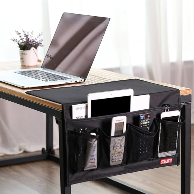 Bedside Storage Organizer - 6 Pockets, Table Cabinet Caddy for Remotes, Phone, Glasses (Black)
