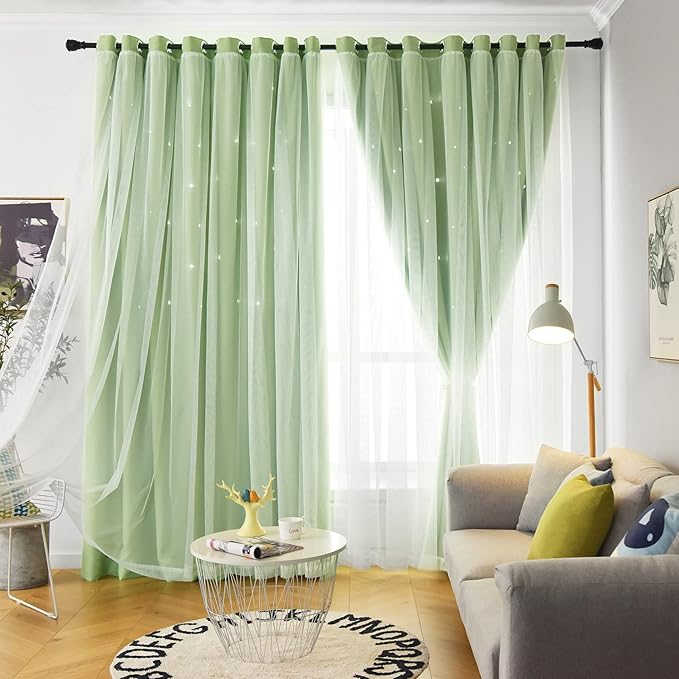 Star Double Layer Blackout Curtains for Bedroom & Kids, Cute, 84 Inch Long 2 Panel Set, Green, 42 x 84 Inch