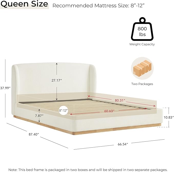 CHITA Queen Size Bed Frame, Upholstered Platform Bed with Wingback Headboard, Wooden Slats Support, Noise-Free, No Box Spring Needed, Cream