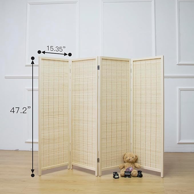 4 Panel Short Room Divider Screen,Beige Freestanding Partition,Small Bamboo Panel Divider for Room Seperation,3.95 FT Tall