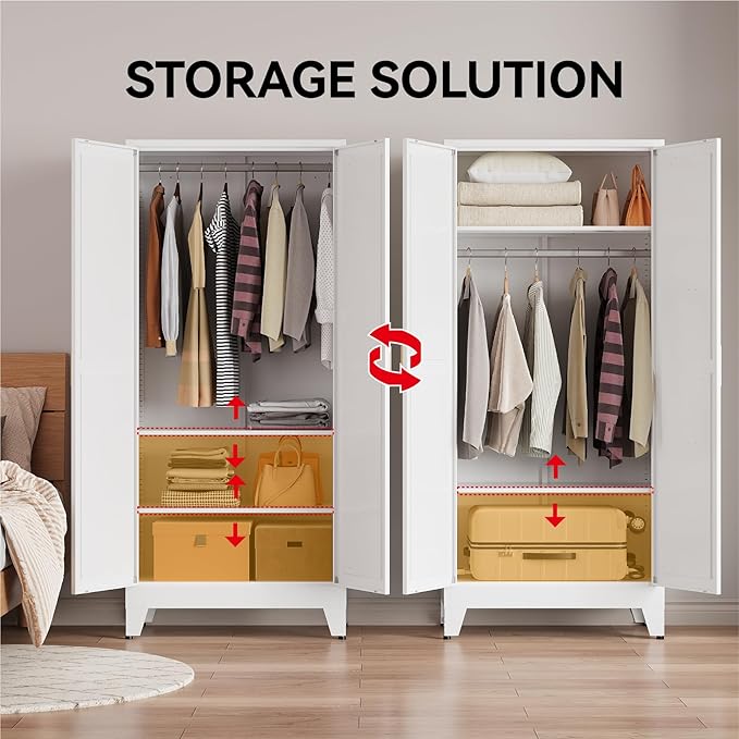 71" Tall Metal Armoire Wardrobe Closet with Removable Hanging Rod and Adjustable Shelves,White Armoire Wardrobe Cabinet for Bedroom Garage Laundry Room Office