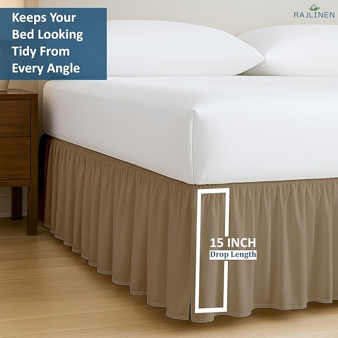 Rajlinen Ruffled Bed Skirt California King, 15 Inch Drop Dust Ruffle with Split Corners, 100% Microfiber Bedskirt with Platform, Three-Sided Coverage Ruffled Gathering Design, Taupe