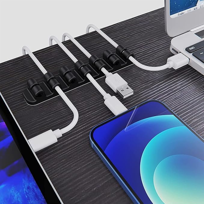 SOULWIT Upgraded Cable Holder, Cable Management Cord Organizer Clips Silicone Self Adhesive for Desktop USB Charging Cable Power Cord Bedside Wire PC Office Home (3/5/7 slot,Black)