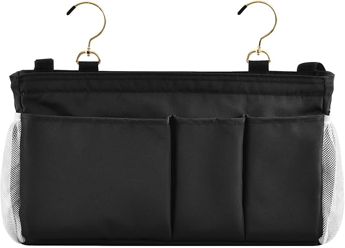 KOPIRIT Black Bedside Caddy Storage Bag Bedside Organizer for Bed Rails College Dorm Room Organizer Caddy Hanging Shelf 6 Pockets with Hooks for Drinks Magazine Phone Holder