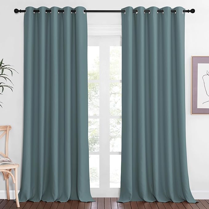 NICETOWN Blackout Greyish Blue Curtains & Drapes for Living Room - Thermal Insulated Solid Grommet Sound Reducing Energy Saving Window Treatments for Porch/Hall, 1 Panel, W66 x L90