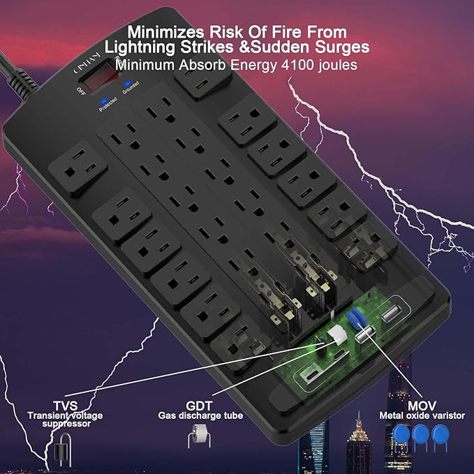 QINLIANF Surge Protector Power Strip - 6Ft Flat Plug Heavy Duty Extension Cord with 24 Outlets and 4 USB Ports(2 USB-C Ports), 1875W/15A, 4100J, for Home, Office, Dorm, ETL Listed, Black