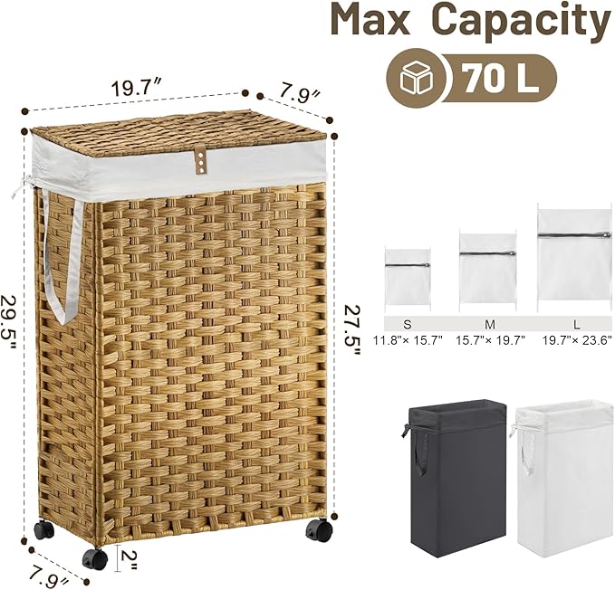 70L Slim Laundry Hamper with Lid & Wheels, 2-Park Rolling Laundry Basket with 4 Removable Liner Bags & 3 Mesh Bags, Narrow Dirty Clothes Basket, Foldable Handwoven Rattan Laundry Sorter, Natural