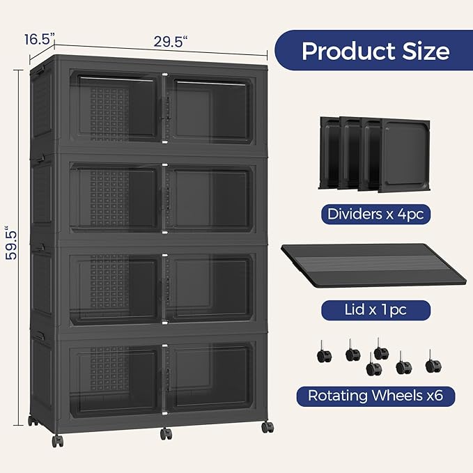 640 QT Extra Large Stackable Storage Bins with Lid, 160 Gal Collapsible Storage Box with Wheels, Folding Closet Organizers and Storage Cabinet with Doors for Home, Kitchen, Office, 4Pack Black