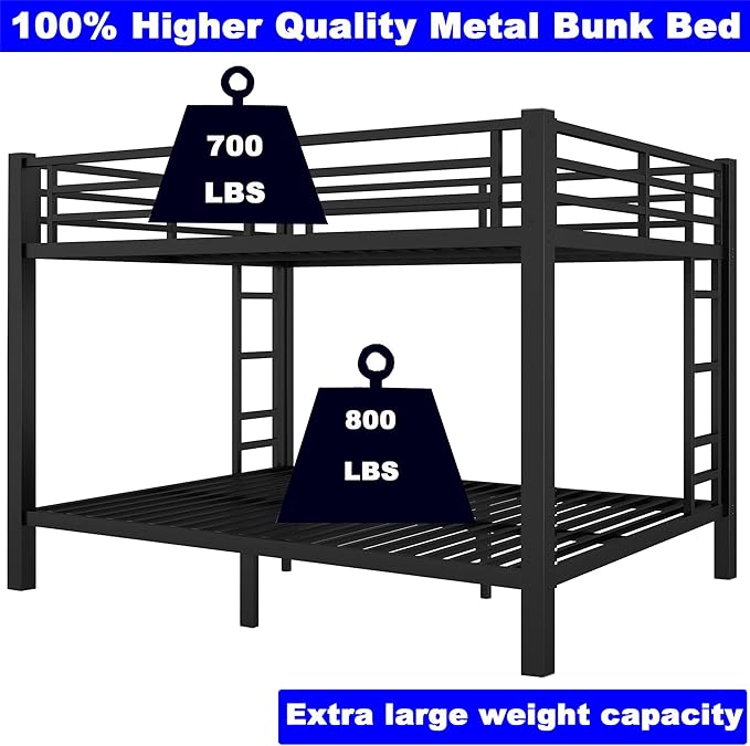 Upgraded Version Thickened Metal Heavy-Duty Queen Over Queen Bunk Bed, Best Modern Style Stronger Queen Size Bunk Bed Frame with Ladder for Adults, Easy Assembly (Queen Over Queen)