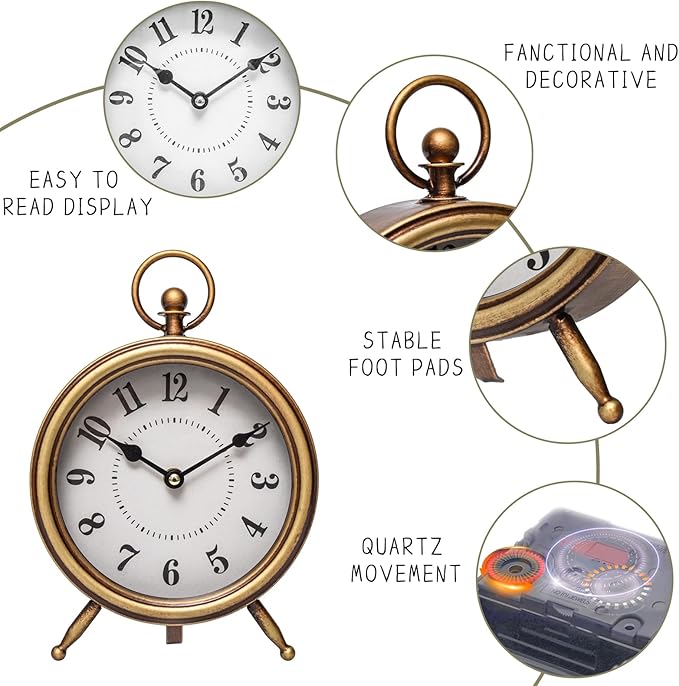 Antique Gold Finish Mantel Clock – Vintage Gold Table Clock on Stand, Decorative Desk and Shelf Clock, Rustic Mantel Clock Non-Ticking 10.3 * 7.3 inch