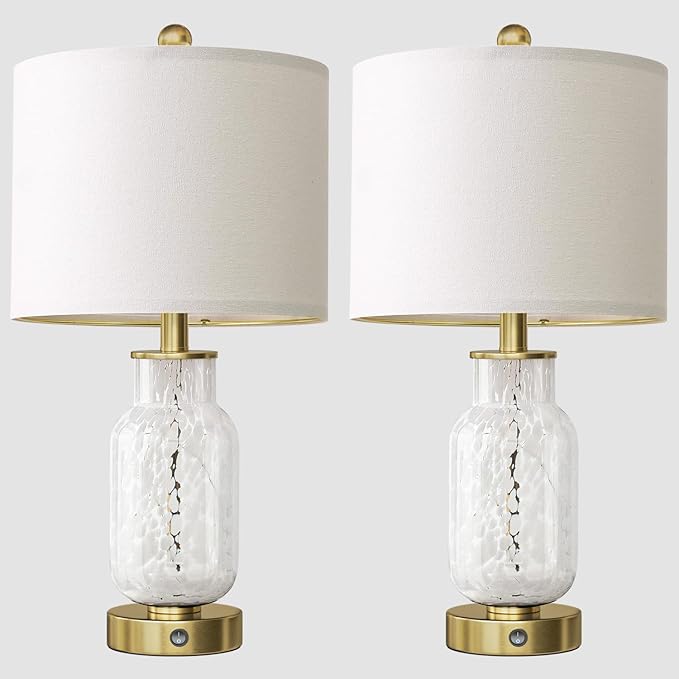 Oneach 22" Glass Table Lamps Set of 2, White Modern Bedside Lamp with LED Night Light for Living Room, Nightstand Lamp with USB Ports for Bedrooms, Study Room, End Table(2 Bulbs Included)