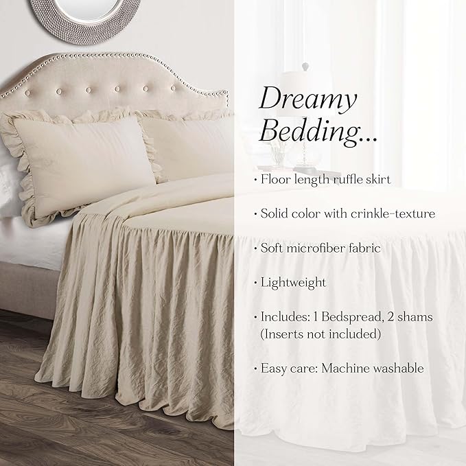 Lush Decor Ruffle Skirt Bedspread Set - 3-Piece Luxurious Farmhouse Bedding - Elegant Ruffle Detail - Timeless Style - Soft Lightweight Sheets - California King, Neutral