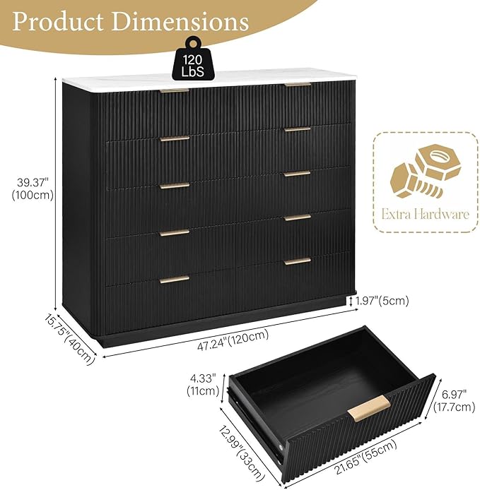 Fluted Drawers Dresser for Bedroom with 10 Drawers, 42'' Wide Mid Century Dressers with Faux Marble Top & Metal Handle, Wooden Chest of Drawers TV Stand, Natural Wood Closet Storage Organizer,Black