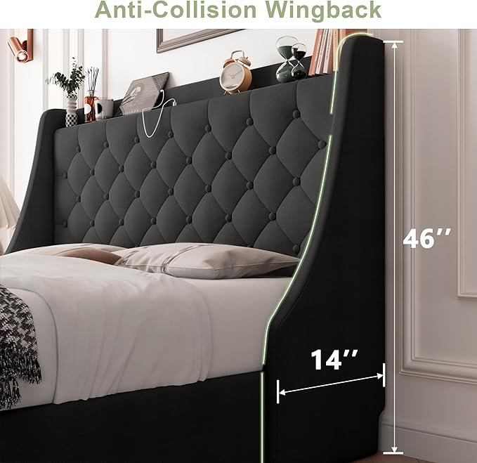 Feonase Upholstered Queen Size Bed Frame with 4 Storage Drawers, Storage Bed with Charging Station, Large Wingback Headboard, No Box Spring Needed, Black