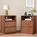 Solid Wood Nightstand Set of 2, Natural Wood Night Stand with Charging Station, Mid Century Modern Nightstand with 2 Drawers and Storage Shelf, Bedside Table for Bedroom, Office, Brown