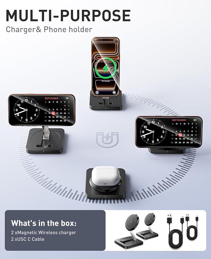 Magnetic Wireless Charger, [2 Pack] 15W Foldable Fast Charging Stand for iPhone 17/16/15/14/13/12 Series/AirPods 3/2/Pro 2/3, Samsung Wireless Charger Station for Galaxy S25 Ultra/S24/S23/S22/S21/S20
