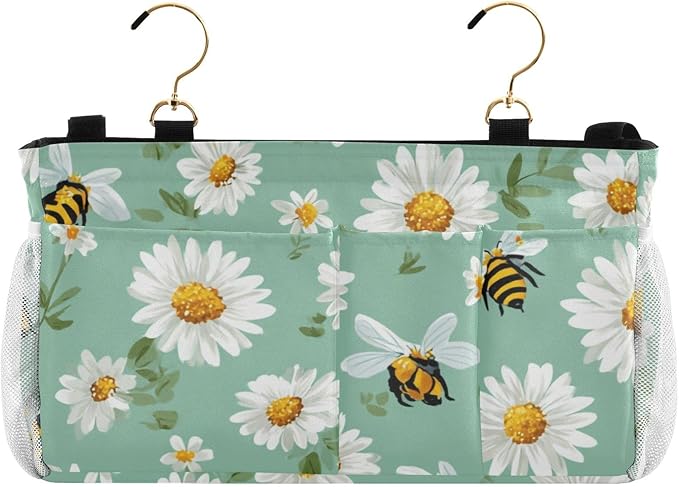 Bedside Caddy Hanging Bunk Bed Caddy Bed Organizer Hanging Pocket with 2 Hooks Bedside Storage Organizer Pocket Bag Holder Mint Green Daisy Flowers and Bees