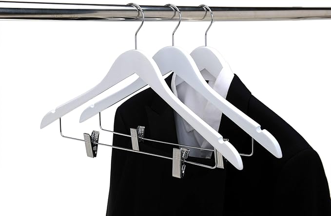 Quality Wooden Skirt Hangers with Clips 80-Pack White Pants Hangers with Adjustable Chrome Metal Clips, Swivel Hook, Coat, Jacket, Blouse Suit Hangers (White, 80)