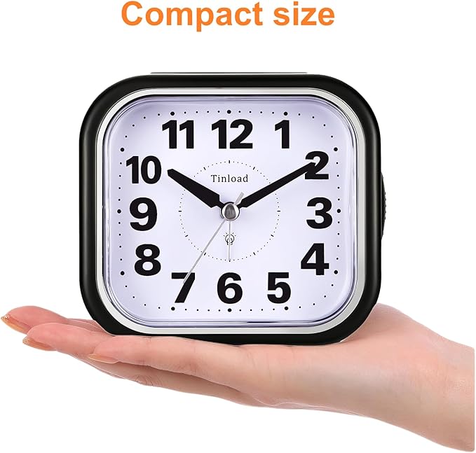 4.5" Compact Analog Alarm Clock, Silent Readable for Seniors, Easy to Set, Gradual Rise Alarm, Big Numbers, On/Off Switch on Side, Gentle Wake, Snooze, Lighted on Demand, Battery Operated, Black