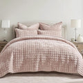 RECYCO Luxury Velvet Quilt Set King Size Bedding Sets, Ultra Soft Velvet Comforter Set, Lightweight Channel Box Stitch Oversized Bedspread Coverlet for All Season, with 2 Shams, Rose Pink