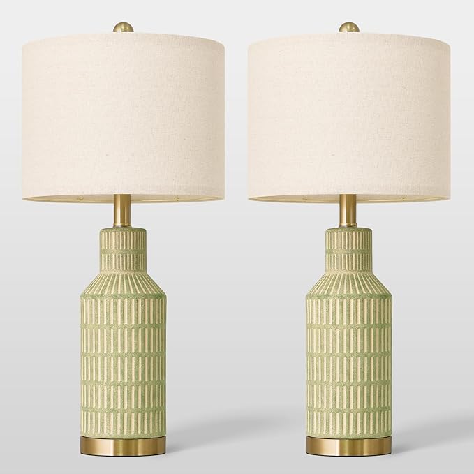 25" Green Ceramic Table Lamp - Modern Bedside Nightstand Lamp, Easy Assembly Twist Knob Switch for Bedroom Living Room Home Office Decor (Bulb Not Included)