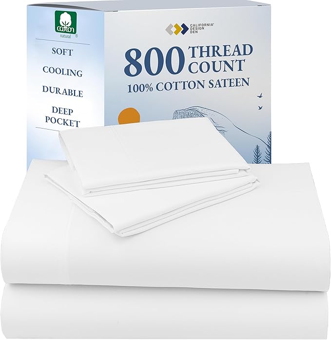 California Design Den Luxury Sheets Full Size Bed Set - Buttery Soft 800 Thread Count Sateen, 100% Cotton Sheet Sets, Deep Pockets, Durable Bedding Set - White
