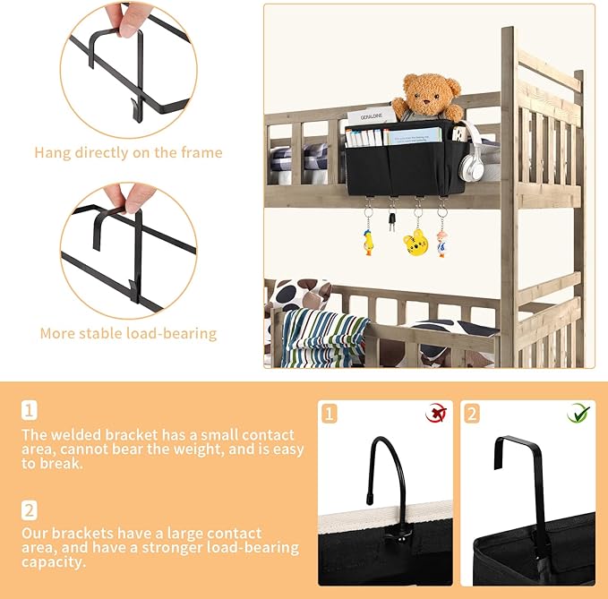 Bedside Storage Organizer 5 Pockets with 4 Hooks Hanging Storage Bag for Headboards/Bunk Bed (Black)