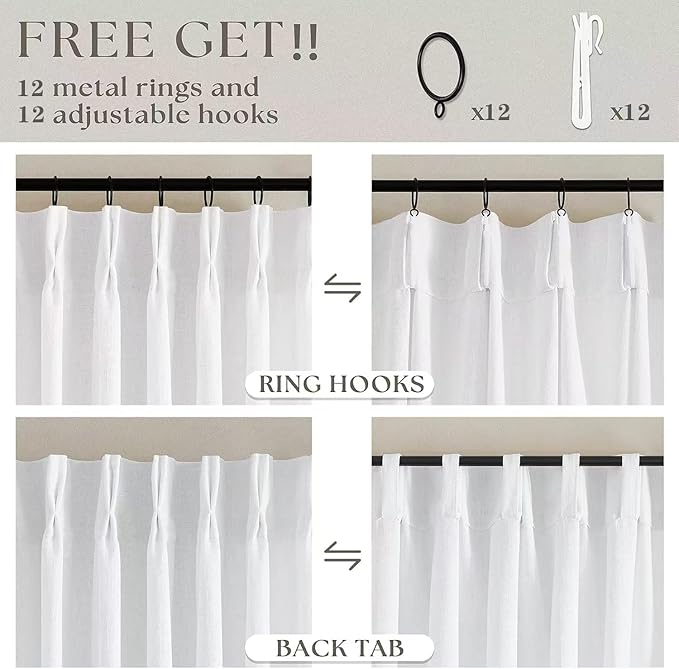 White Pinch Pleated Linen Curtains 96 Inches Long 60 Inch Width Linen Blend Light Filtering Window Curtains 96 Inch for Living Room Bedroom Patio Pinch Pleat Drapes with Hooks Rings 1 Panel 60Wx96L