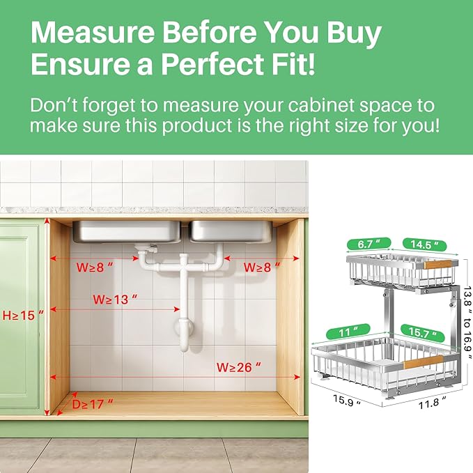 Under Sink Organizer, Stainless Steel 2 Packs 2 Tier Under Sink Organizers and Storage, Slide out Pull out Cabinet Shelf, Sliding Drawer for Kitchen Bathroom Pantry Cabinet Closet Organization Rack