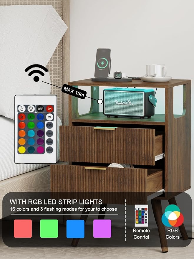 Nightstand with Charging Station and LED Lights, Modern Bedside Table with 2 Storage Drawer and Open Wood Shelf for Bedroom and Small Spaces, Night Stand with Solid Wood Legs