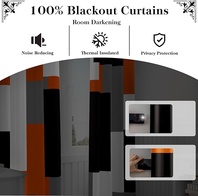 Orange 100% Blackout Curtains 45 inch Length 2 Panels Set White Grey Modern Abstract Geometric Drapes for Kitchen Black Out Curtains Insulated Room Darkening Small Window Curtains, 52Wx45L