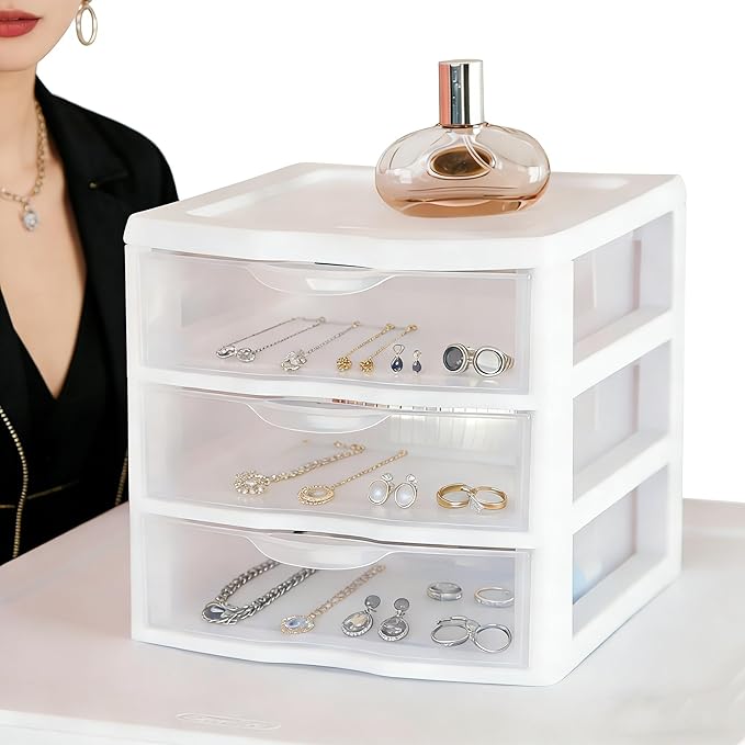Small 3-Drawer Organizer Unit, Clear Plastic Stackable Drawers for Countertop or Desktop, White