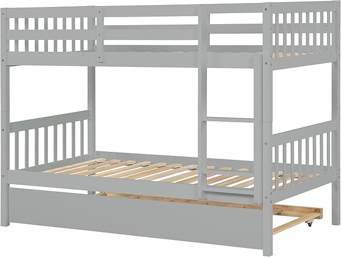 Bellemave Twin Over Twin Bunk Bed with Trundle,Convertible Bunk Beds with Ladder & Safety Guardrails,Twin Size Bunk Beds for Kids Girls Boys,Grey