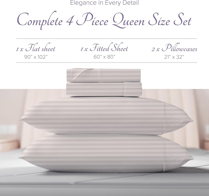 Carressa Linen Luxury Egyptian Cotton Queen Stripe Sheet Set, 600 Thread Count Extra Long Staple 4 PC Set, Queen Damask Sheets, Soft, Cooling Sateen Weave Sheets Upto 18" Deep Pocket - Ivory