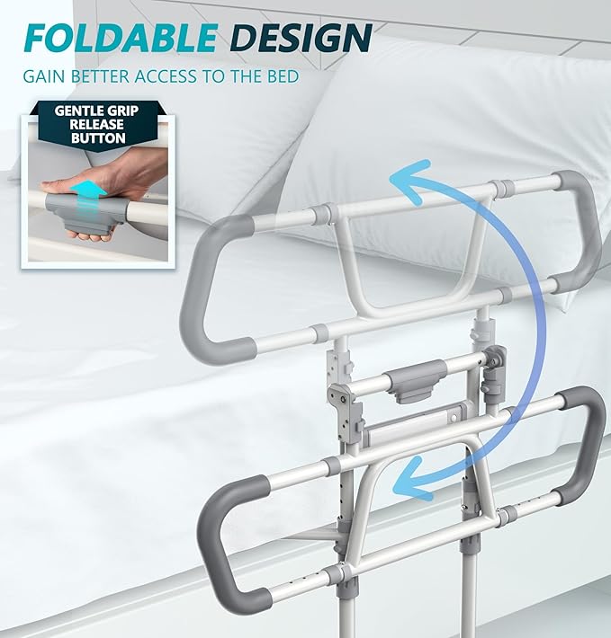 Packve Foldable Bed Rails for Elderly Adults Safety - Bed Side Assist Rail for Seniors with Extendable Guard Rails, Adjustable Height Bedrails for Queen King Full Size Bed