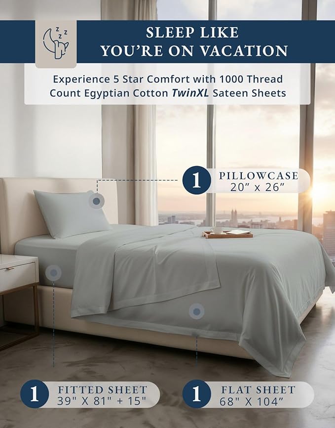 LANE LINEN 100% Egyptian Cotton Bed Sheets Twin XL - 1000 Thread Count, Soft & Comfy Luxury Hotel Thick Bedding Sheets & Pillowcase Set, Machine Wash Cooling 15'' Twin XL Deep Pocket Sheet Set-Silver