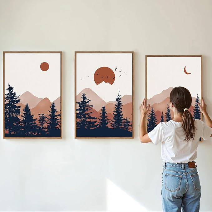 YeeHomedec Large Boho Mountain Framed Canvas Wall Art, Mid Century Modern Wall Decor, Nature Sunset Landscape Art Painting, Wood Pine Trees Artwork for Living Room Bedroom Office Farmhouse 16"x24"x3