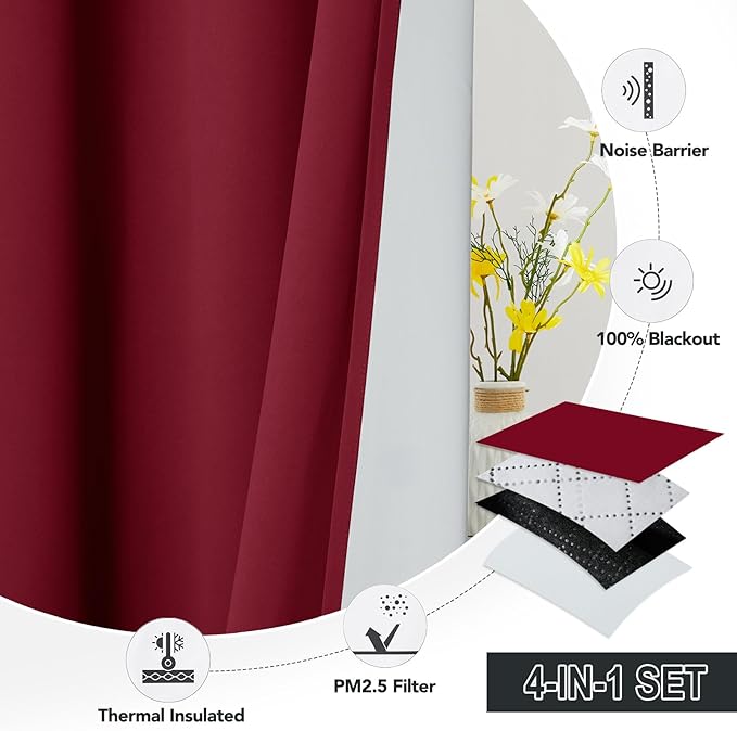 RYB HOME Soundproof & Dust Particle Filtering Curtains Blackout Window Treatment for Bedroom Living Room Divider Nursery Daytime Sleeping Patio Door, Burgundy Red, W52 x L 102 inch, 2 Panels