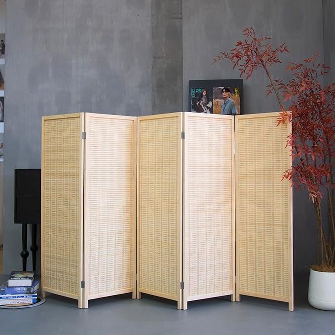5 Panel Short Room Divider Screen,Beige Freestanding Partition,Small Bamboo Panel Divider for Room Seperation,3.95 FT Tall