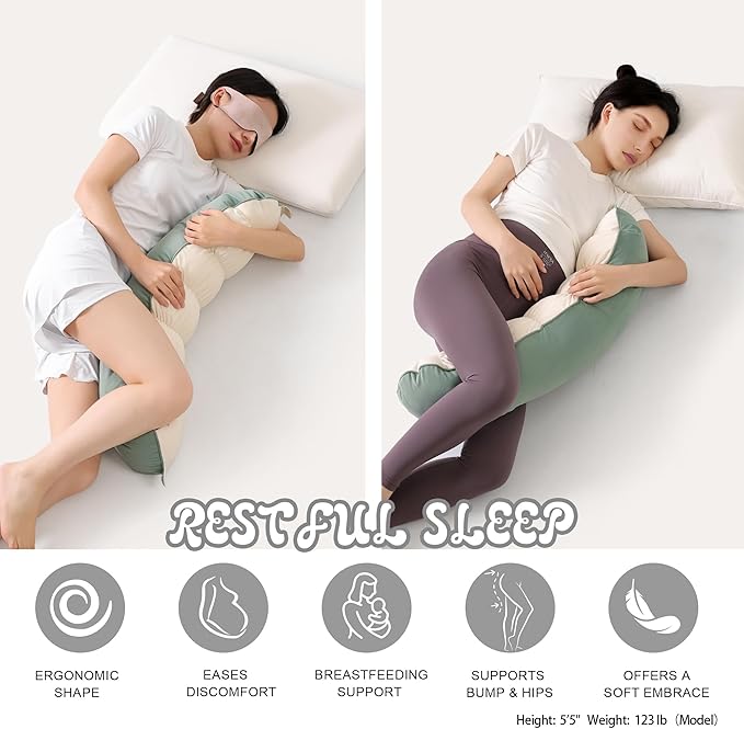 Peallow(Pat. Pend) – Long Round Body Pillow for Adults, Bolster Pillow for Sleeping, Soft and Supportive Pillow for Sleeping & Lumbar Support (Green-White, 29.5")