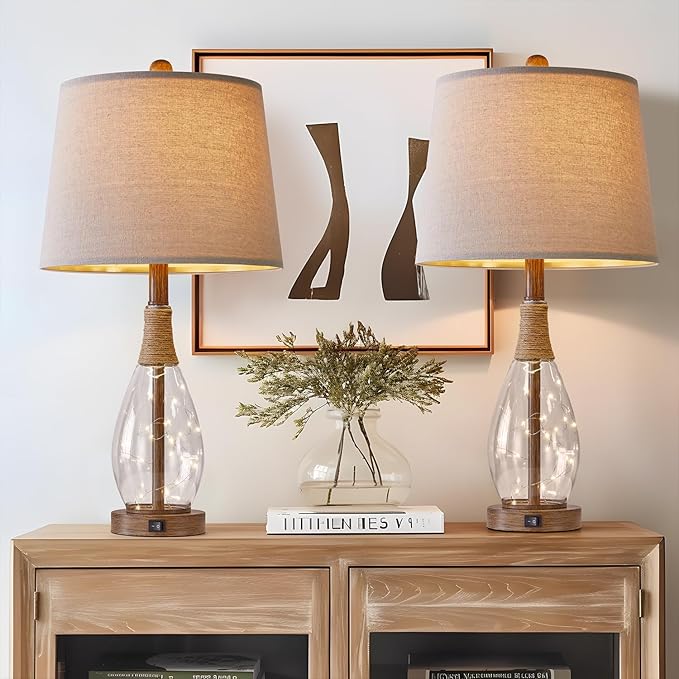 OYEARS Wood-Like Bedside Table Lamps Set of 2 with USB, Farmhouse Nightstand Lamps for Bedroom, Retro Rattan Table Lamps for Night Stands, Living Room, Boho Table Lamp with Glass Nightlight
