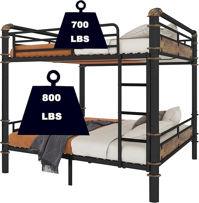 Upgraded Version Thickened Metal Heavy-Duty Queen Over Queen Bunk Bed, Best Convertible Industrial Queen Size Bunk Bed Frame with Ladder for Adults, Easy Assembly (Queen+Water Pipe)
