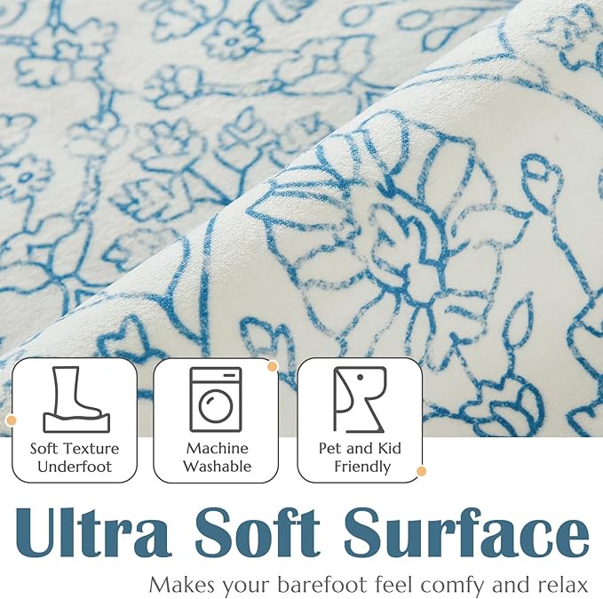 jinchan Hallway Runner Rug 2x8 Washable Kitchen Flora Faux Wool Non-Slip with Rubber Backing Soft Thin Vintage Carpet Runner for Bedroom Bathroom Laundry Room Living Room (2x8ft,Blue)
