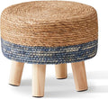 Wimarsbon Round Foot Stool Natural Seagrass Poufs Ottoman Hand Weave Footrest Stool for Couch Desk Extra Seat Step Stool with Solid Wood Legs for Hallway Patio Lounge Blue