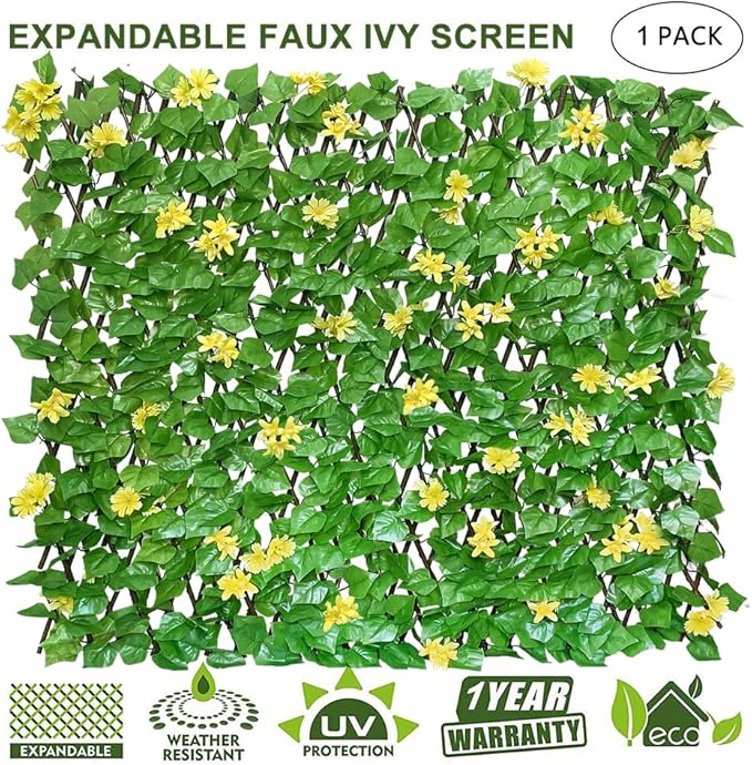 Sumery Expandable Fence Privacy Screen for Balcony Patio Outdoor,Decorative Faux Ivy Fencing Panel,Artificial Hedges (Single Sided Leaves) (1, Yellow Flowers)