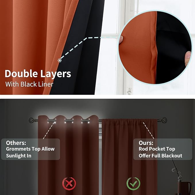 BGment Terracotta 100% Blackout Curtains for Bedroom, Fall Full Room Darkening Noise Reducing Living Room Curtains 63 Inch Length, Thermal Insulated Rod Pocket Window Drapes 2 Panels, 52 Inch Wide